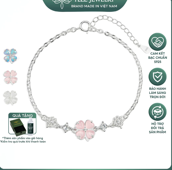 Lắc tay bạc nữ TLEE dây hoa cỏ bốn lá cánh tim đính đá đa sắc thu hút may mắn TLEE JEWELRY LT0469
